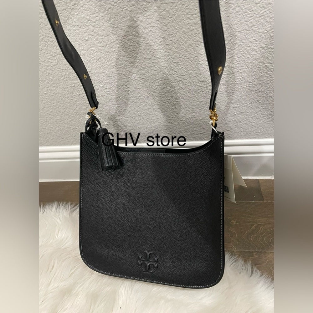 Tory Burch Black Pebbled Leather Hobo Crossbody with Tassel - Picture 4 of 8